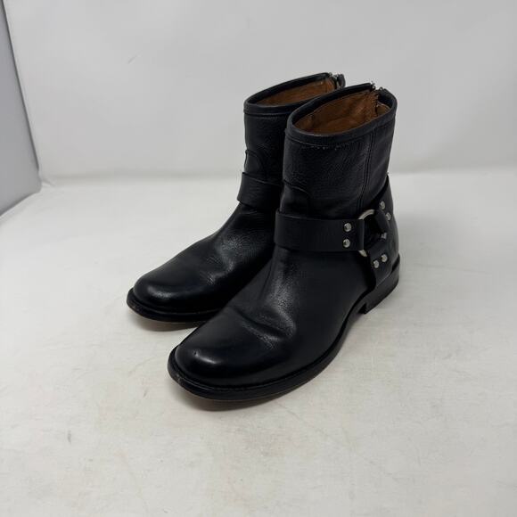 Frye Leather Moto Harness Biker Boots Black Ankle Zip Pull-On Style Size 6.5B - Picture 2 of 11